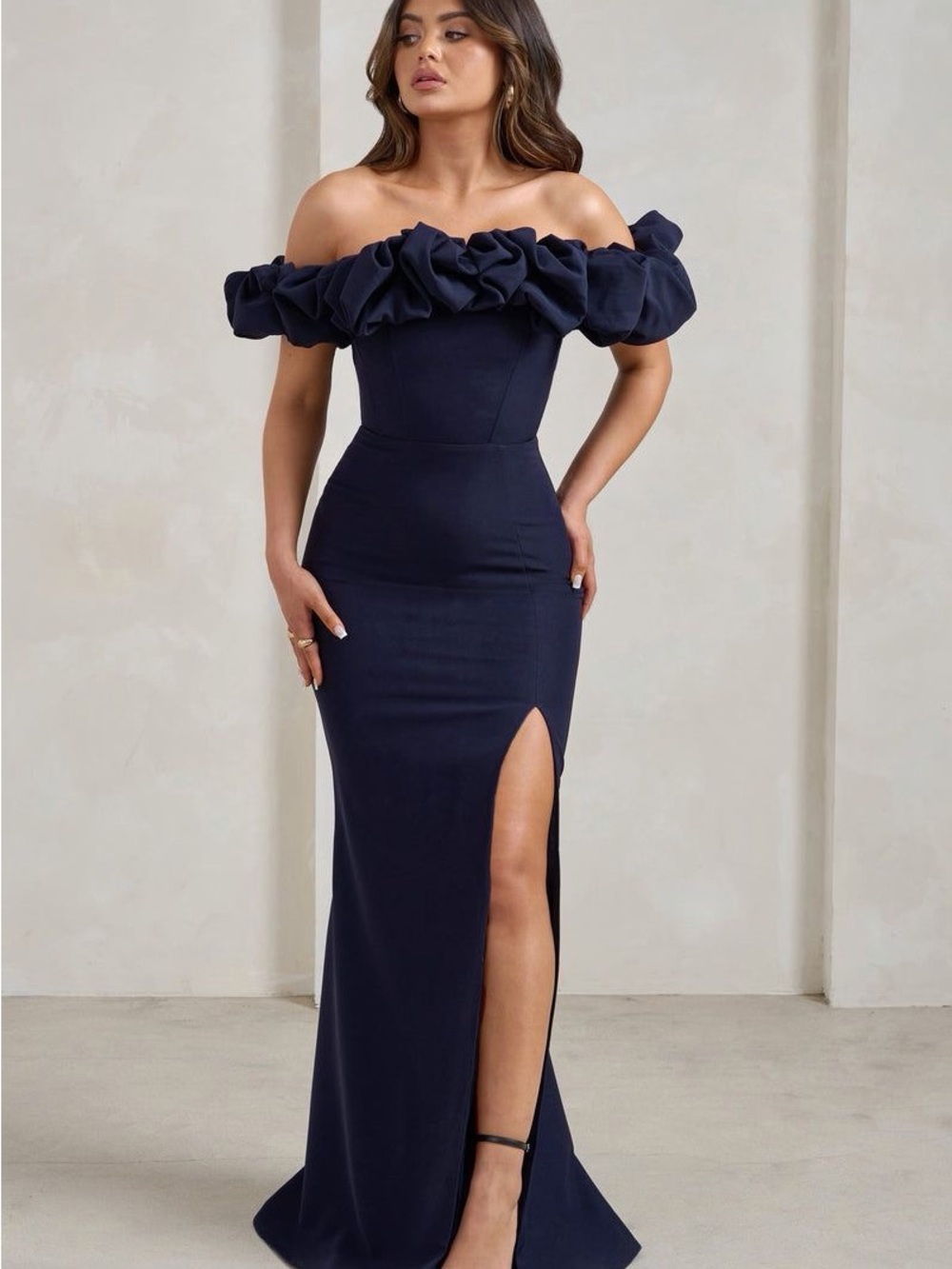 Strapless Ruffle Off-Shoulder Navy Evening Gown
